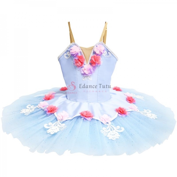 Light Blue Classical Ballet Tutu Flower Decorate Competition-Level #T0303