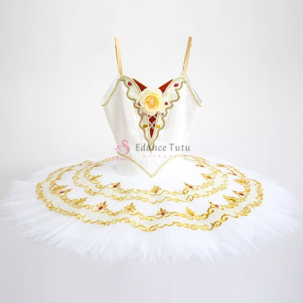 White Dance Costumes For Ballet Golden Trims And Flower Decorate #T0313