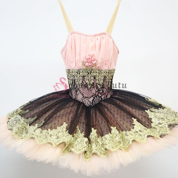 Professional Black And Gold Ballet Tutu Pancake Tutu With Flower #T0388