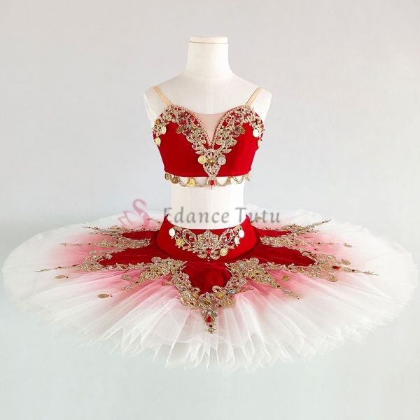 Red Don Quixote Ballet Costumes 2 Pieces With Gloden Sequin (Competition-level) #T0533