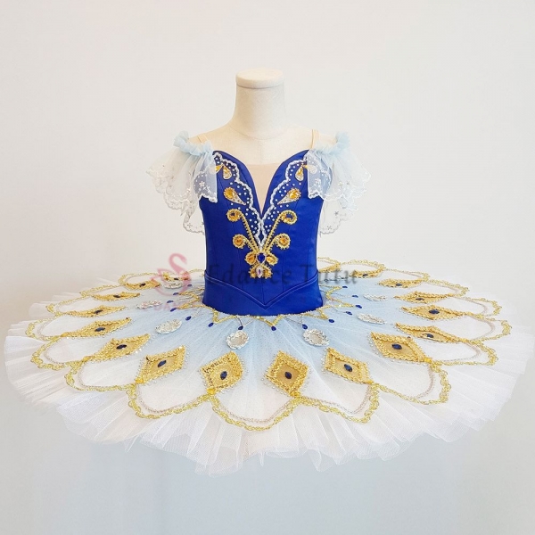 Professional Ballet Tutu Blue Gradient Color Golden Trims Sequin #T0583